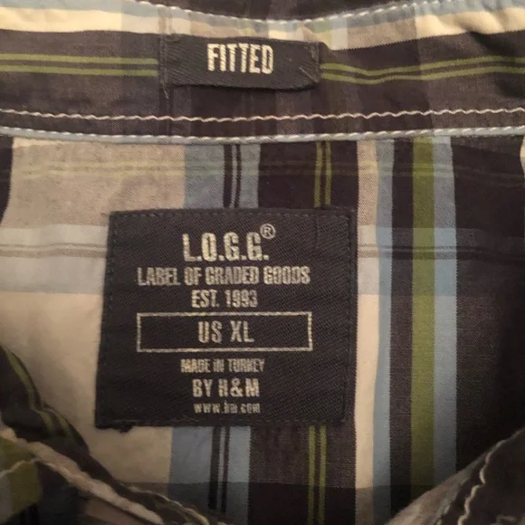 H&M L.O.G.G. Fitted Plaid Long Sleeve Button Down Shirt blue green white size XL - Picture 5 of 6